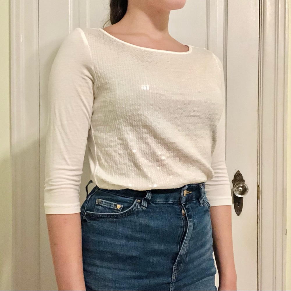Ann Taylor LOFT Sequins Three Quarter Sleeve Top Petite